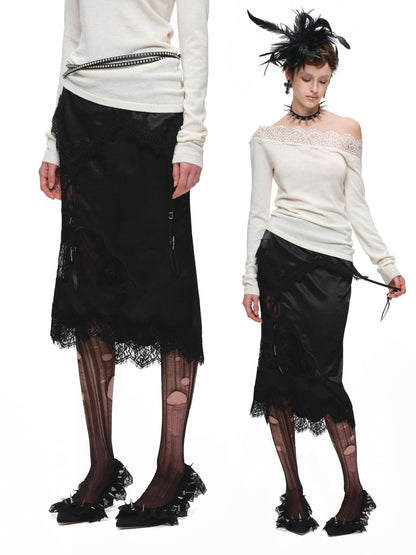 1JINN STUDIO Pencil Low Waist Lace Splice Deconstructed Women&