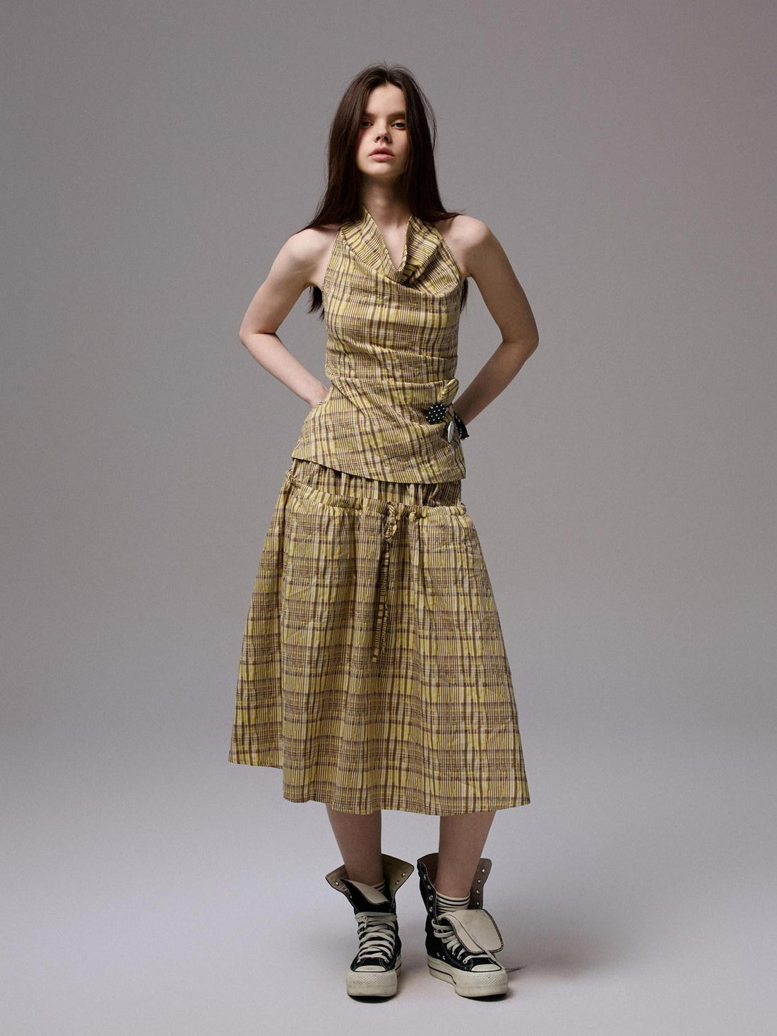 1JINN STUDIO Plaid Backless Halter Drawstring Mid Length Women&