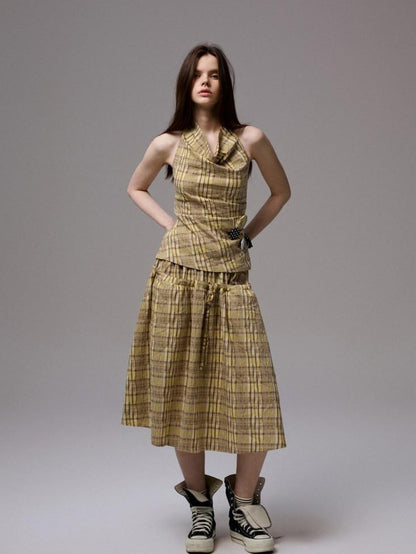 1JINN STUDIO Plaid Backless Halter Drawstring Mid Length Women&