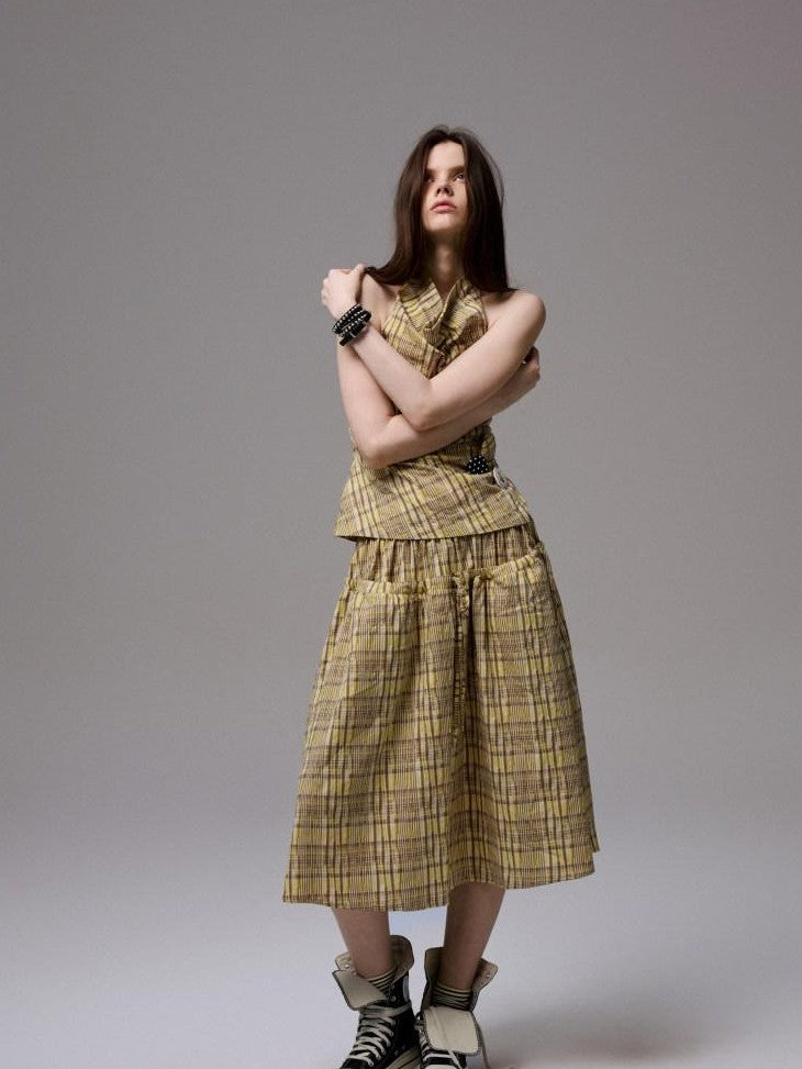 1JINN STUDIO Plaid Backless Halter Drawstring Mid Length Women&