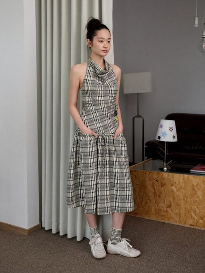 1JINN STUDIO Plaid Backless Halter Drawstring Mid Length Women&