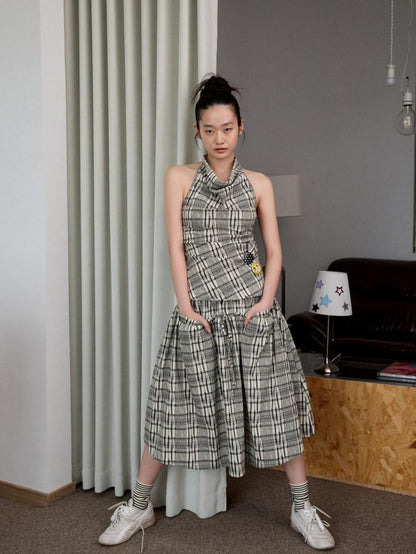 1JINN STUDIO Plaid Backless Halter Drawstring Mid Length Women&