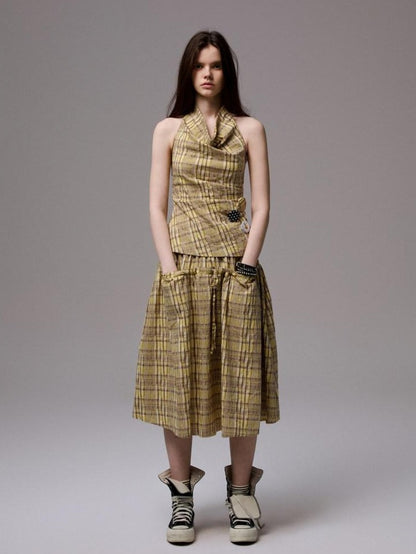 1JINN STUDIO Plaid Backless Halter Drawstring Mid Length Women&