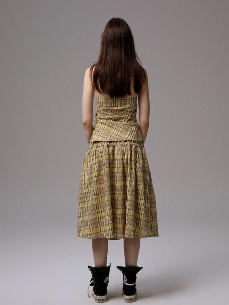 1JINN STUDIO Plaid Backless Halter Drawstring Mid Length Women&