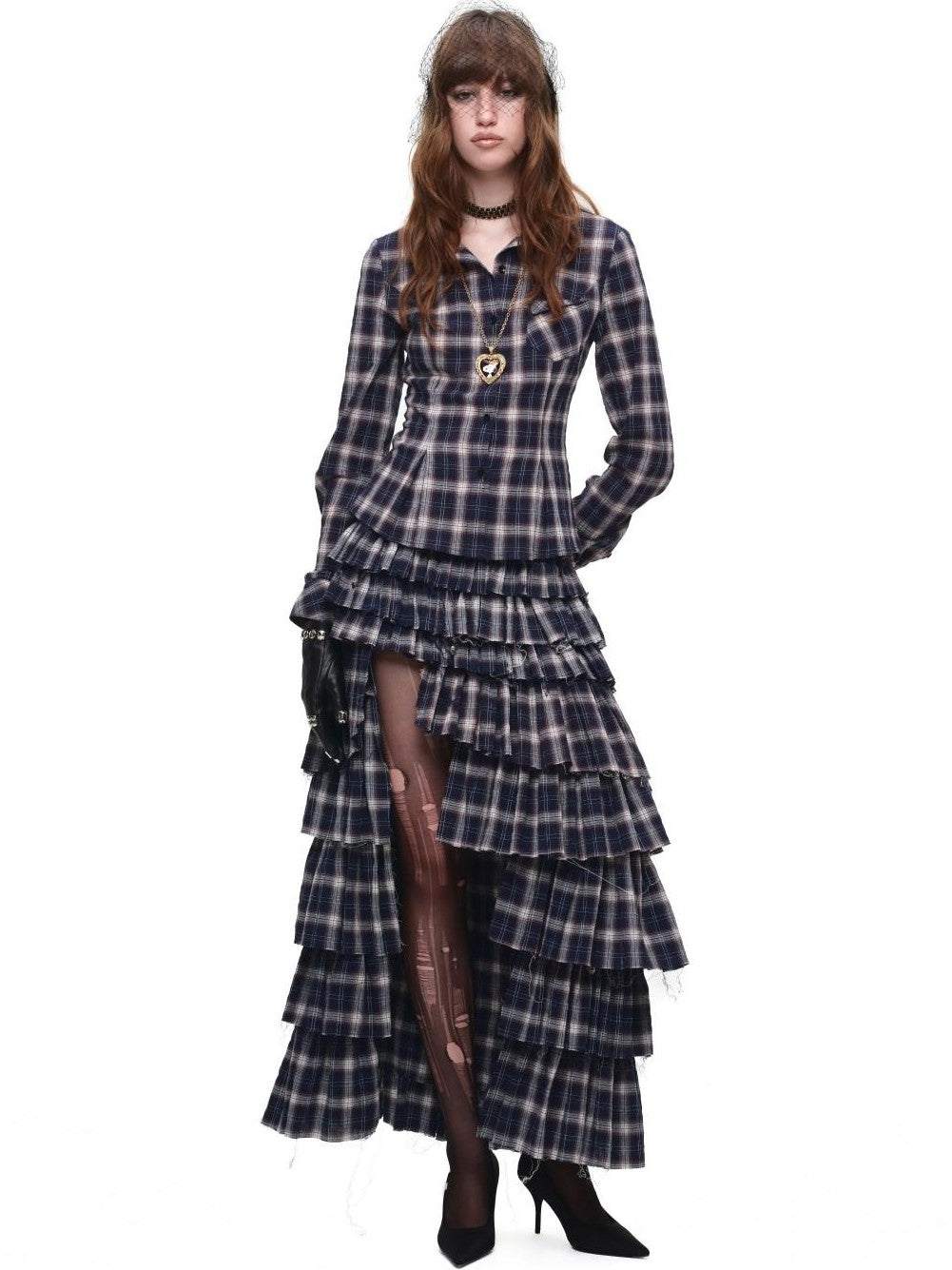 1JINN STUDIO Plaid Irregular Deconstructed Layered Patchwork Slit A Line Women&