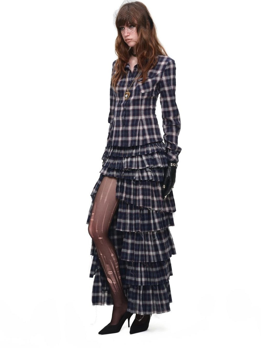 1JINN STUDIO Plaid Irregular Deconstructed Layered Patchwork Slit A Line Women&
