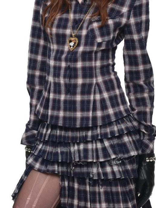 1JINN STUDIO Plaid Irregular Deconstructed Layered Patchwork Slit A Line Women&