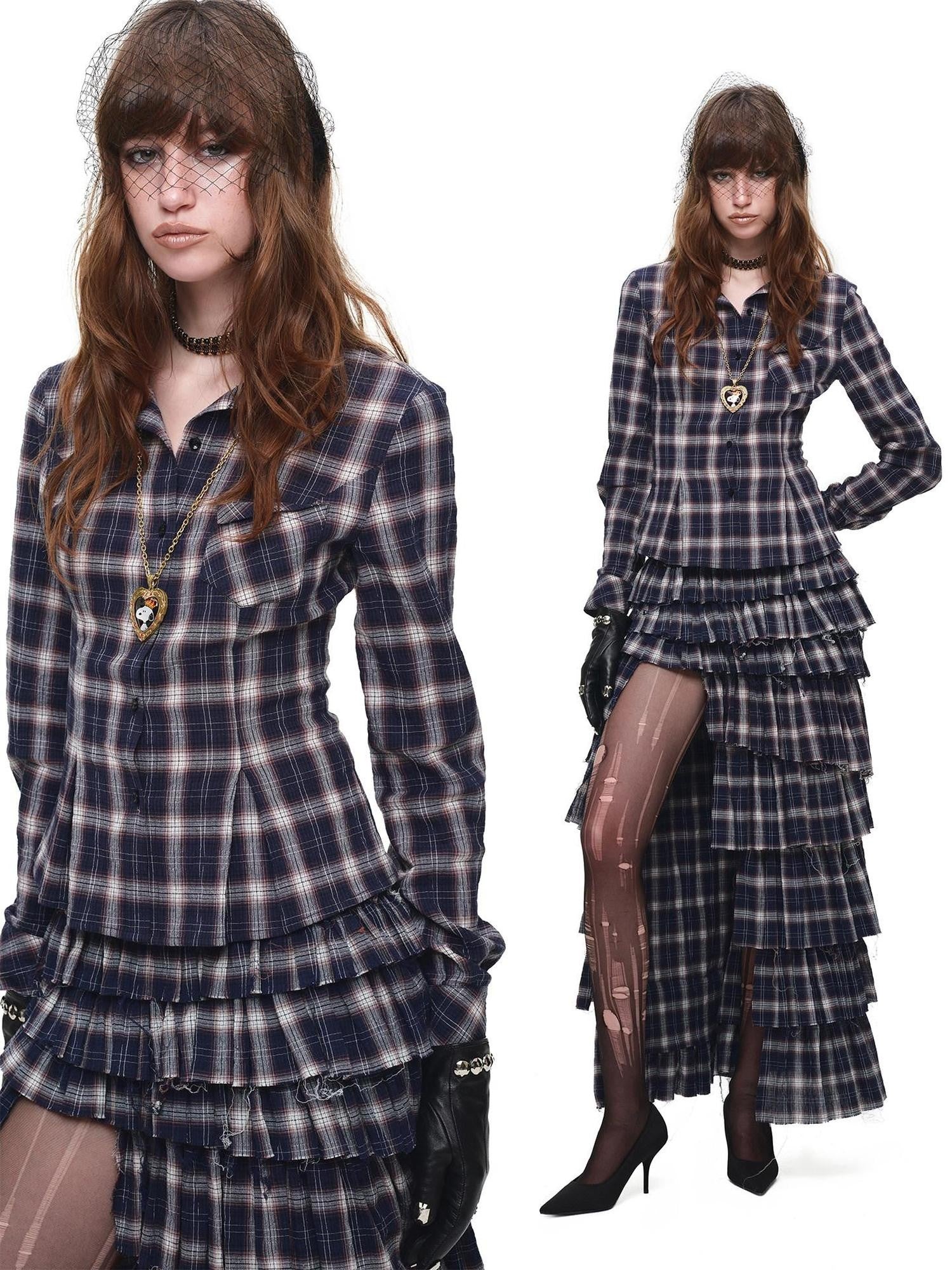 1JINN STUDIO Plaid Irregular Deconstructed Layered Patchwork Slit A Line Women&
