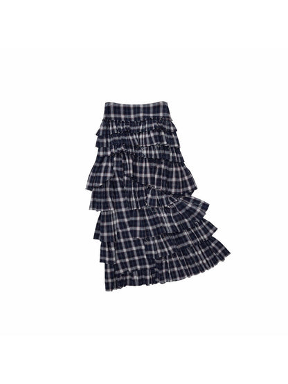 1JINN STUDIO Plaid Irregular Deconstructed Layered Patchwork Slit A Line Women&