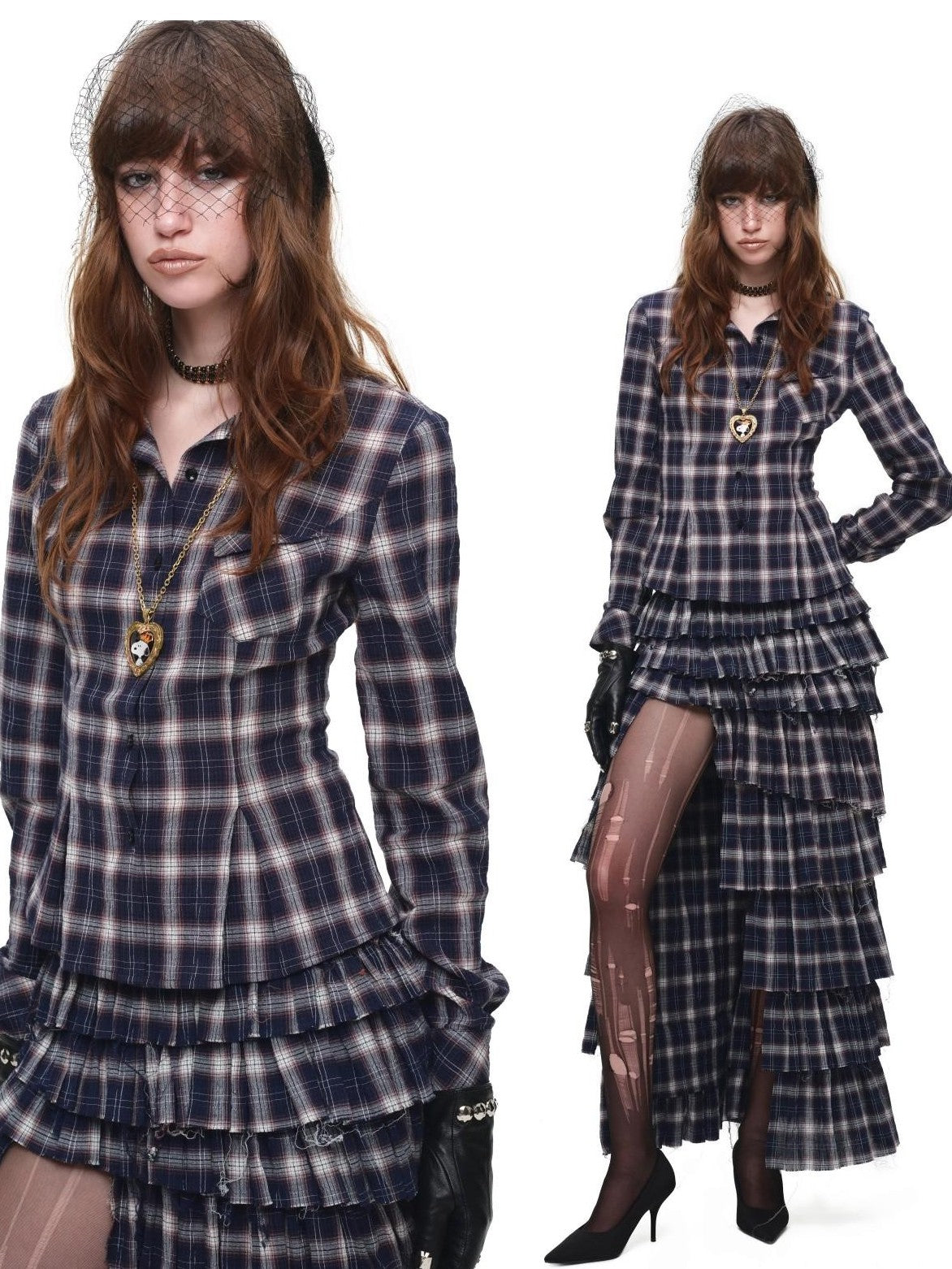 1JINN STUDIO Plaid Irregular Deconstructed Layered Patchwork Slit A Line Women&