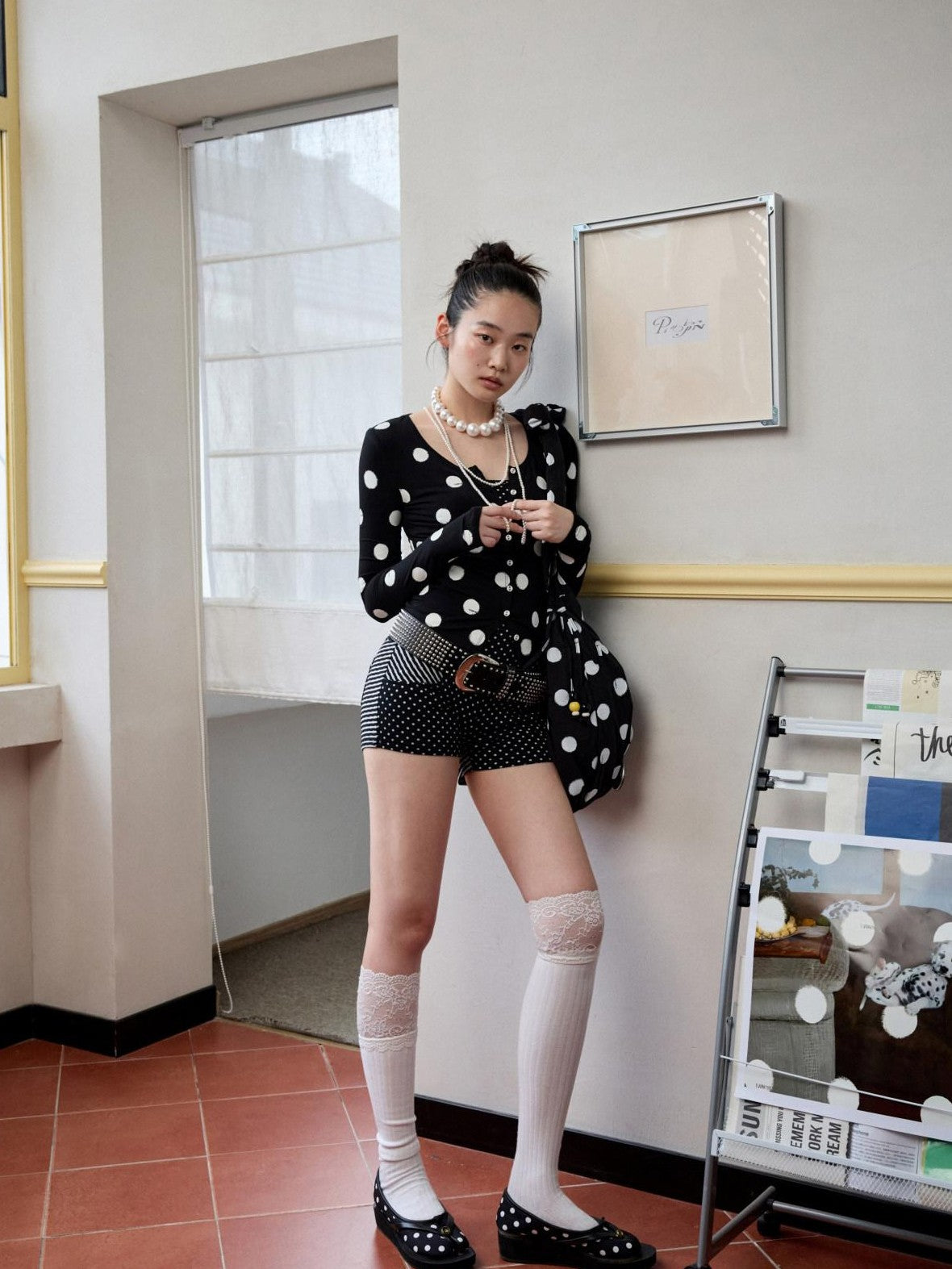1JINN STUDIO Playful Contrast Polka Dot Cardigan Women&