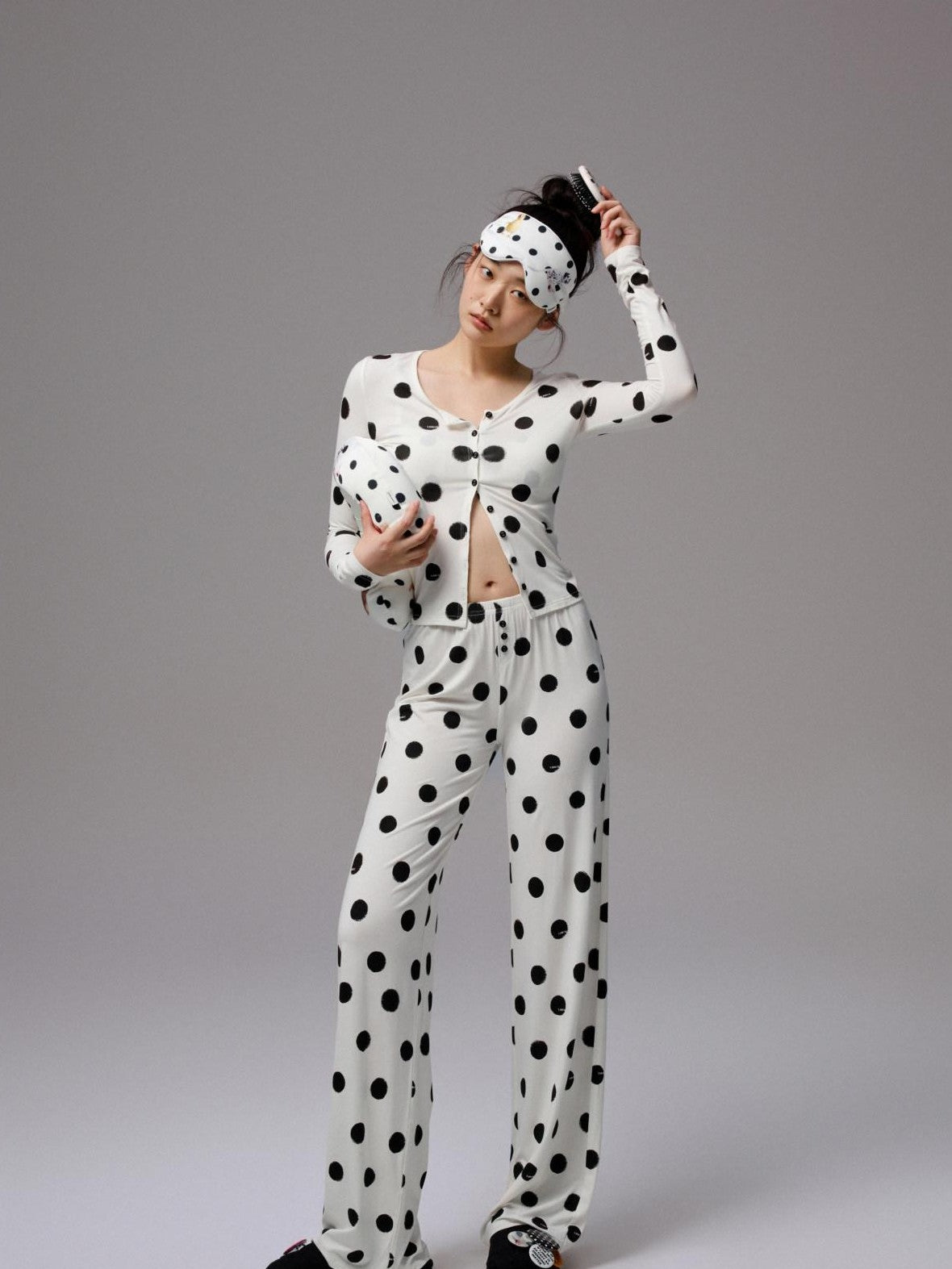 1JINN STUDIO Playful Contrast Polka Dot Cardigan Women&