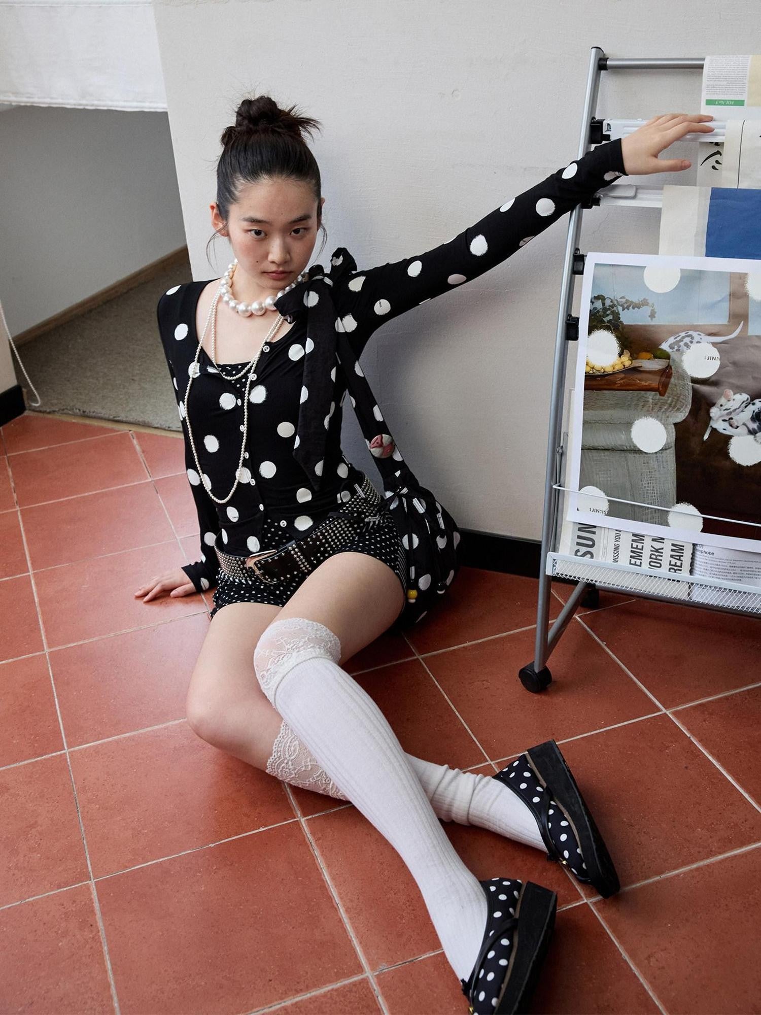 1JINN STUDIO Playful Contrast Polka Dot Cardigan Women&