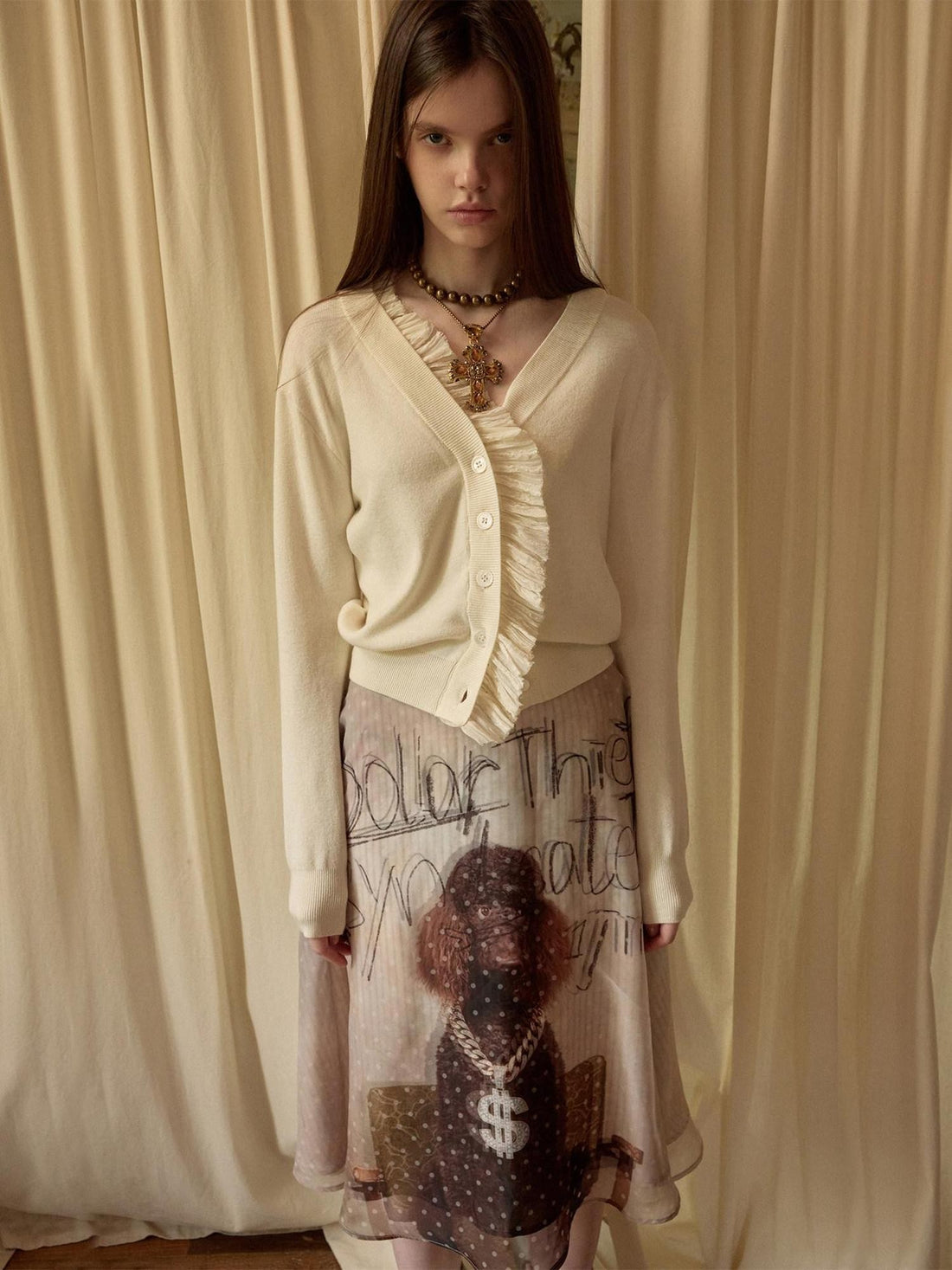 1JINN STUDIO Pleated Lace Patchwork Women&