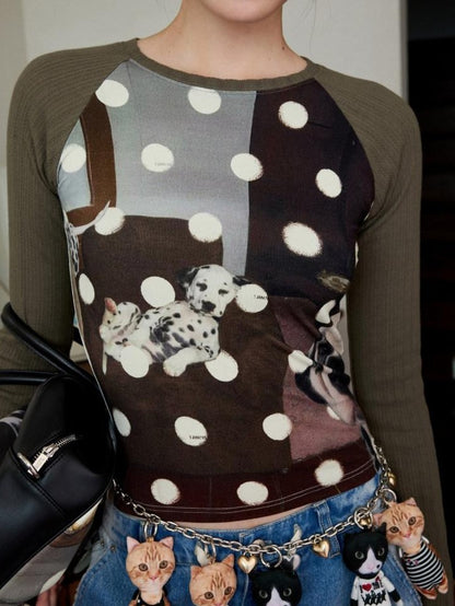 1JINN STUDIO Polka Dot Cat And Dog Print Colorblock Slim Women&