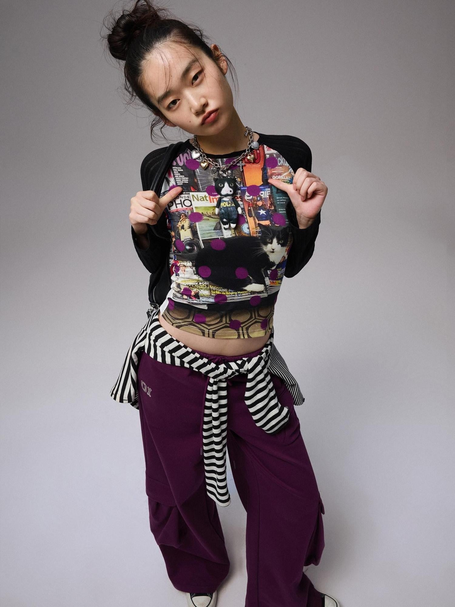 1JINN STUDIO Polka Dot Cat And Dog Print Colorblock Slim Women&