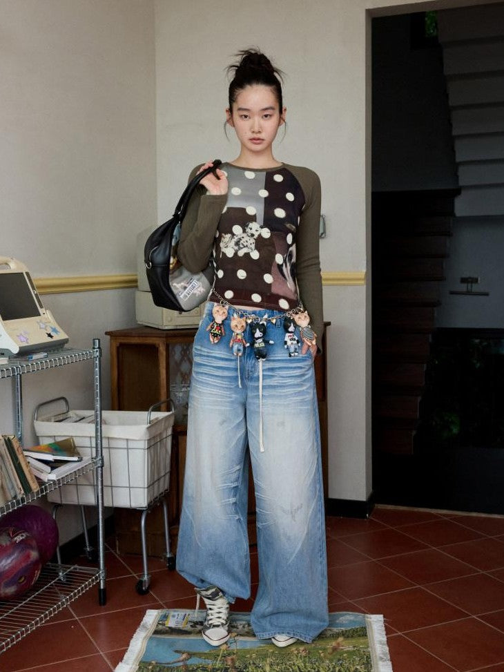 1JINN STUDIO Polka Dot Cat And Dog Print Colorblock Slim Women&