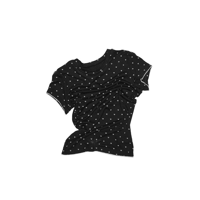 1JINN_STUDIO_Polka_Dot_Cat_Paw_Crew_Neck_Slim_Fit_Short_Sleeve_Women&