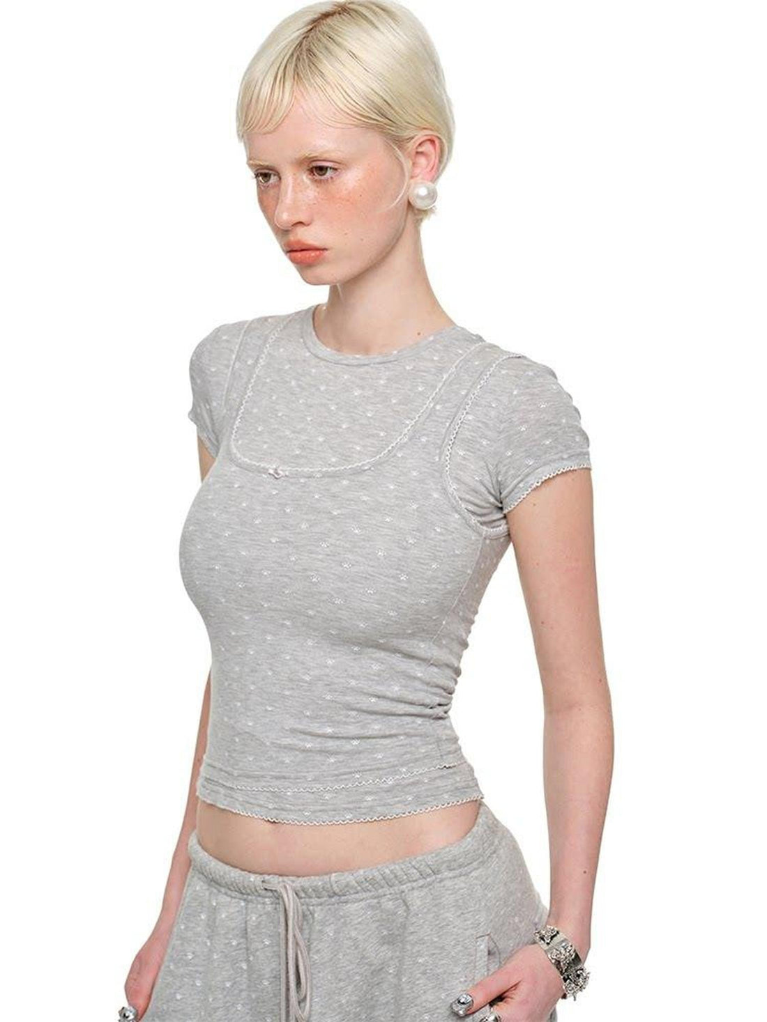 1JINN STUDIO Polka Dot Cat Paw Crew Neck Slim Fit Short Sleeve Women&