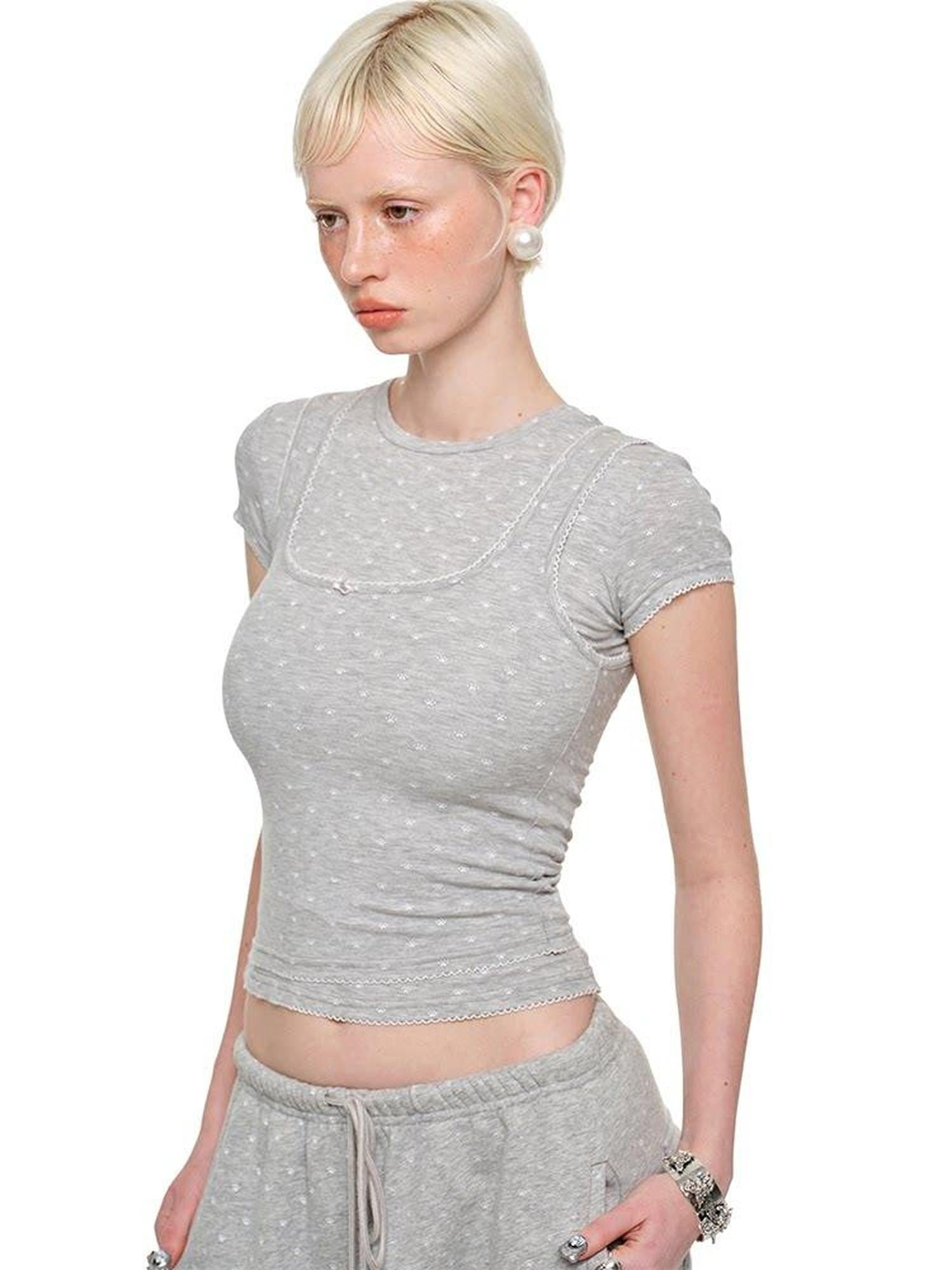 1JINN STUDIO Polka Dot Cat Paw Crew Neck Slim Fit Short Sleeve Women&