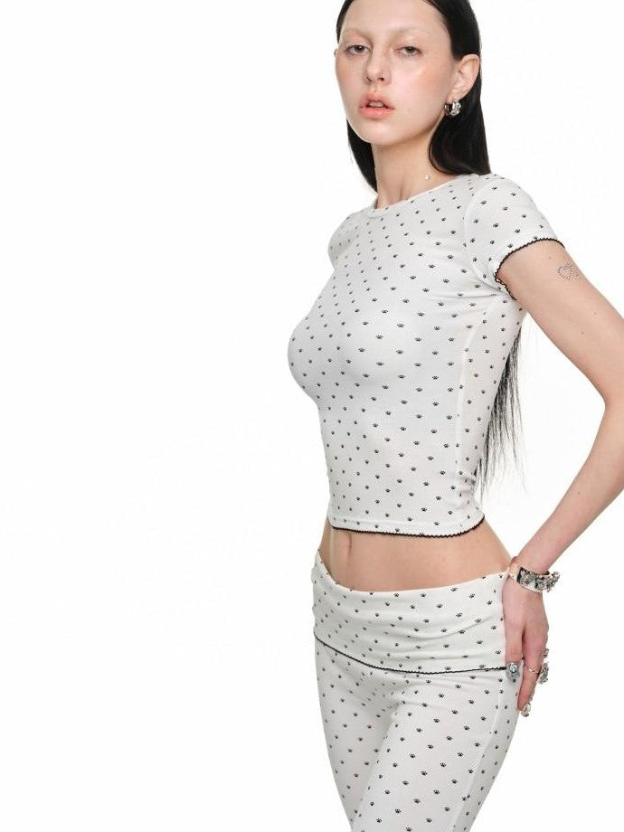 1JINN STUDIO Polka Dot Cat Paw Crew Neck Slim Fit Short Sleeve Women&