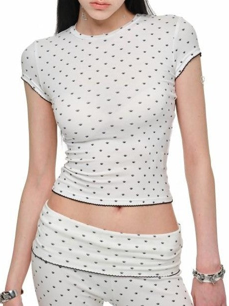 1JINN STUDIO Polka Dot Cat Paw Crew Neck Slim Fit Short Sleeve Women&