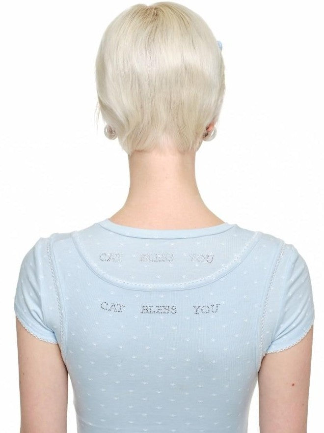 1JINN STUDIO Polka Dot Cat Paw Crew Neck Slim Fit Short Sleeve Women&