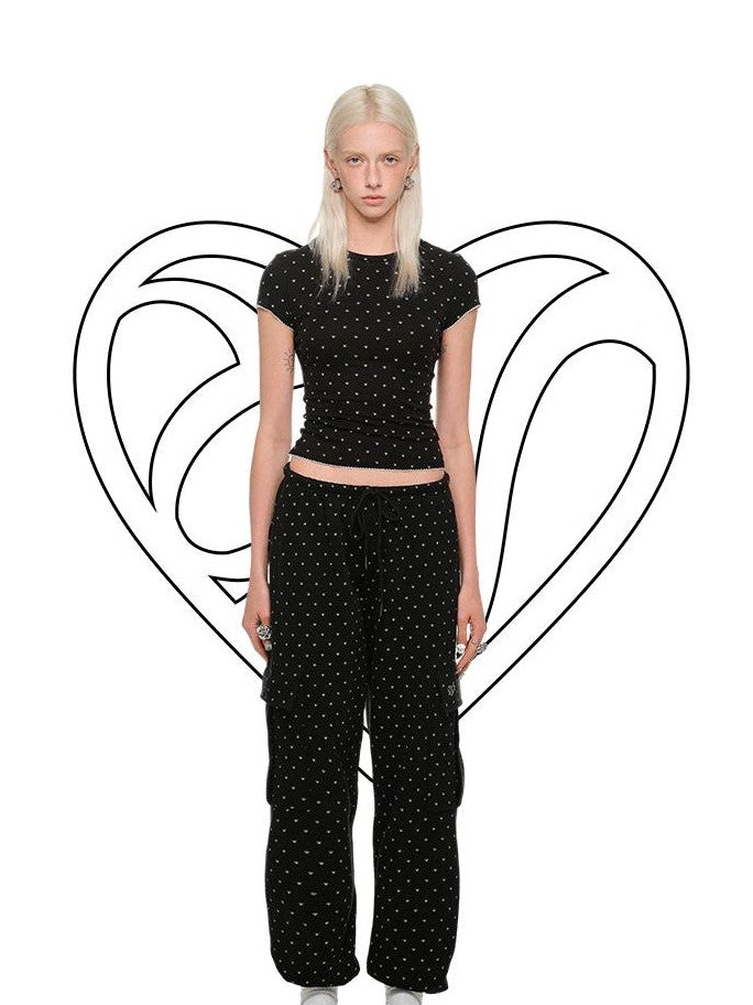 1JINN STUDIO Polka Dot Cat Paw Crew Neck Slim Fit Short Sleeve Women&