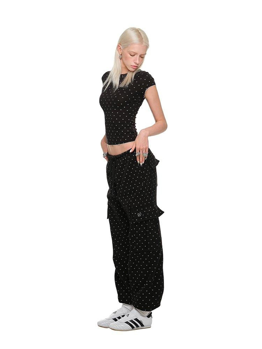 1JINN STUDIO Polka Dot Cat Paw Crew Neck Slim Fit Short Sleeve Women&