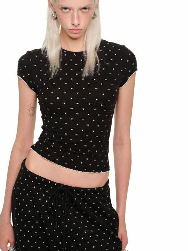 1JINN STUDIO Polka Dot Cat Paw Crew Neck Slim Fit Short Sleeve Women&
