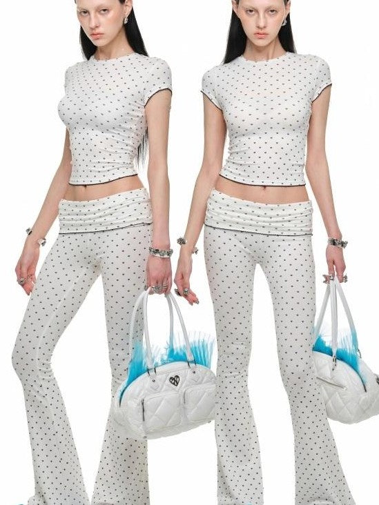 1JINN STUDIO Polka Dot Cat Paw Crew Neck Slim Fit Short Sleeve Women&