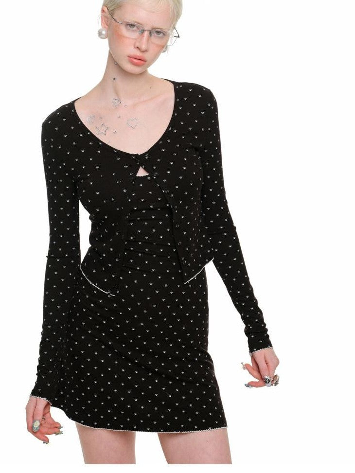 1JINN STUDIO Polka Dot Cat Paw Lace Crop Cardigan Bustier Bodycon Women&