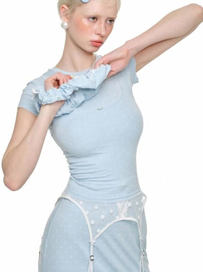 1JINN STUDIO Polka Dot Cat Paw Lace Round Neck Slim Knit Pencil Women&