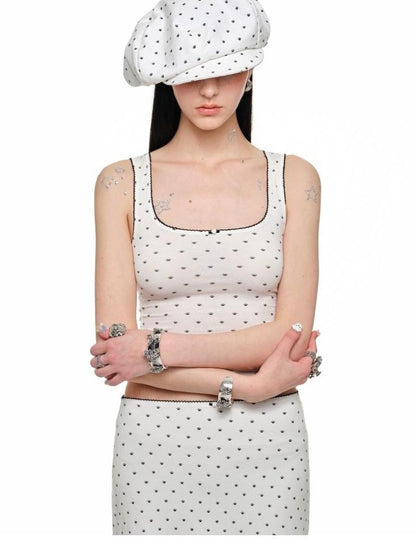 1JINN STUDIO Polka Dot Cat Paw Lace Round Neck Slim Knit Pencil Women&