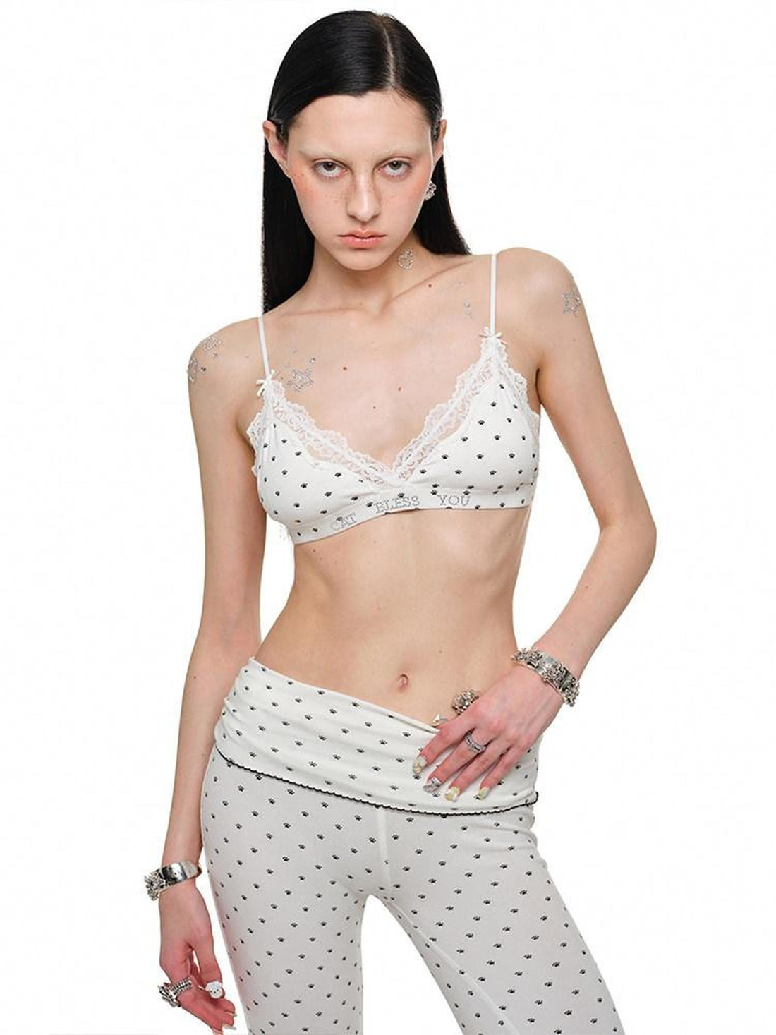 1JINN STUDIO Polka Dot Cat Paw Print Slimming Relaxed Fit Women&