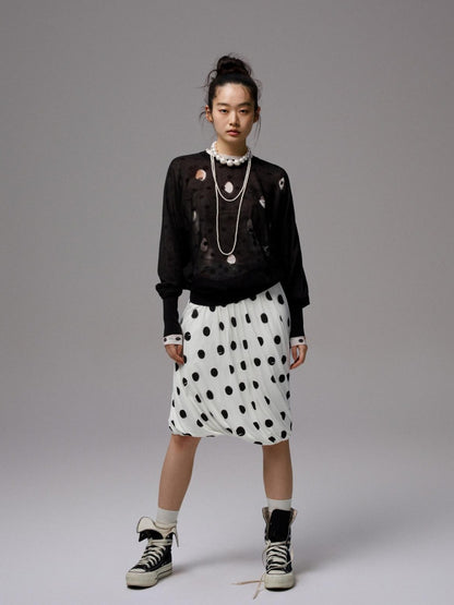 1JINN STUDIO Polka Dot Openwork Batwing Bubble Hem Women&