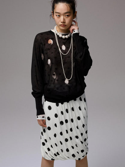 1JINN STUDIO Polka Dot Openwork Batwing Bubble Hem Women&