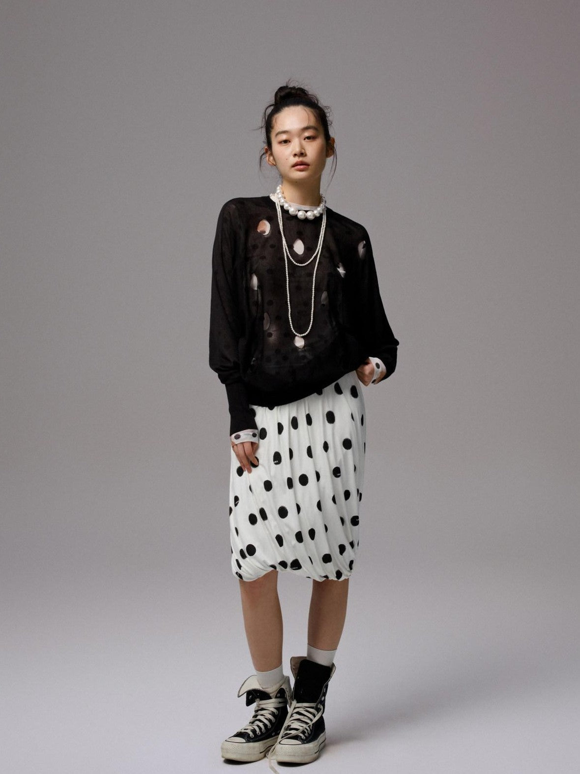 1JINN STUDIO Polka Dot Openwork Batwing Bubble Hem Women&