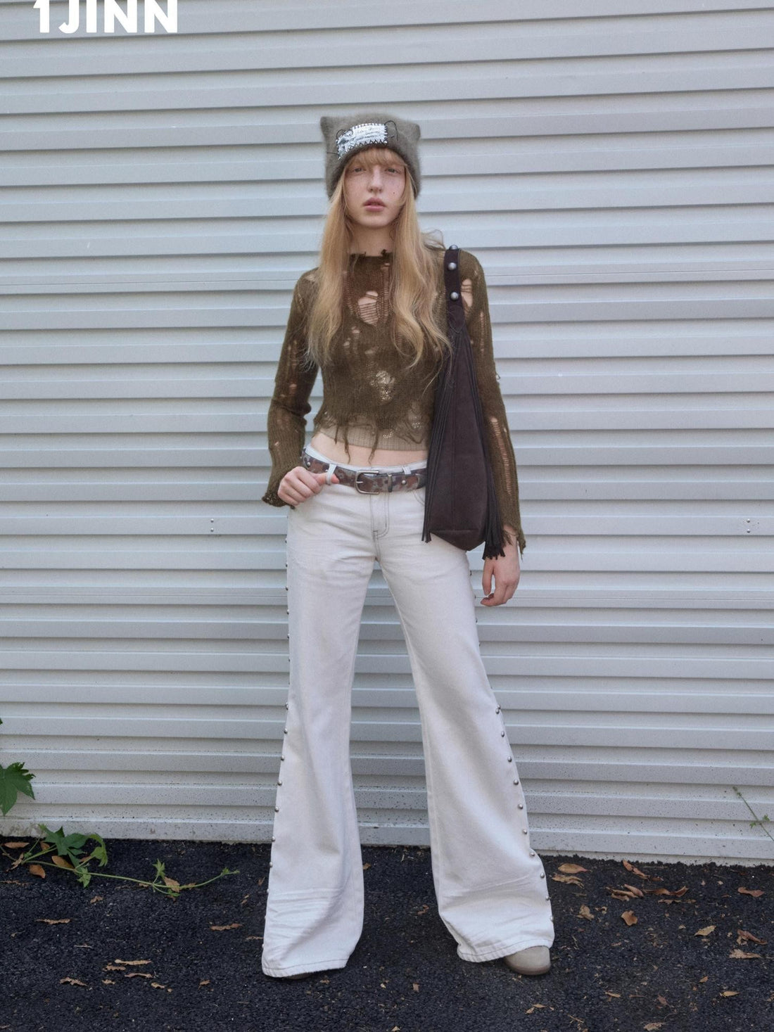 1JINN STUDIO Polka Dot Openwork Distressed Slim Short Women&