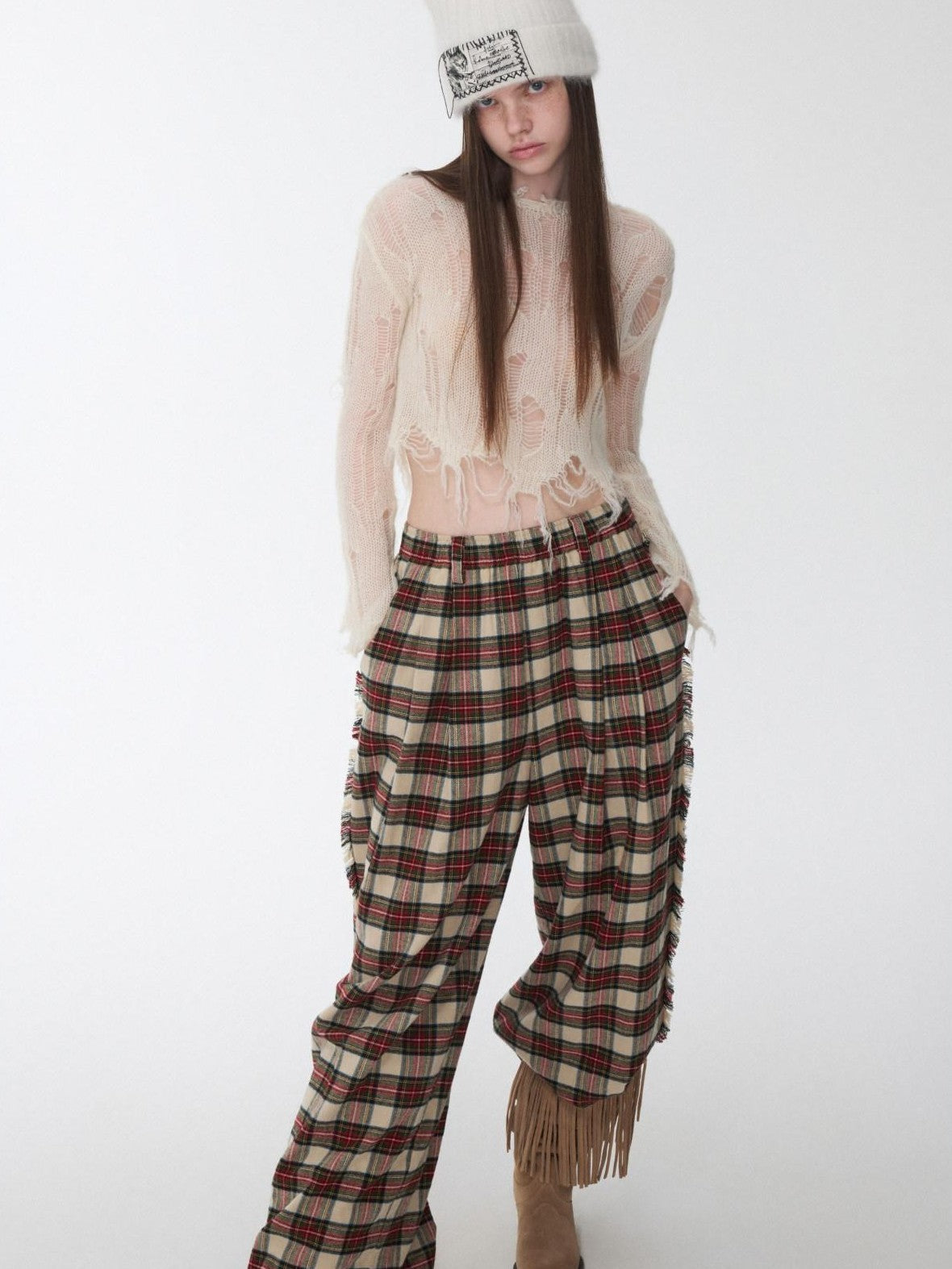1JINN STUDIO Polka Dot Openwork Distressed Slim Short Women&