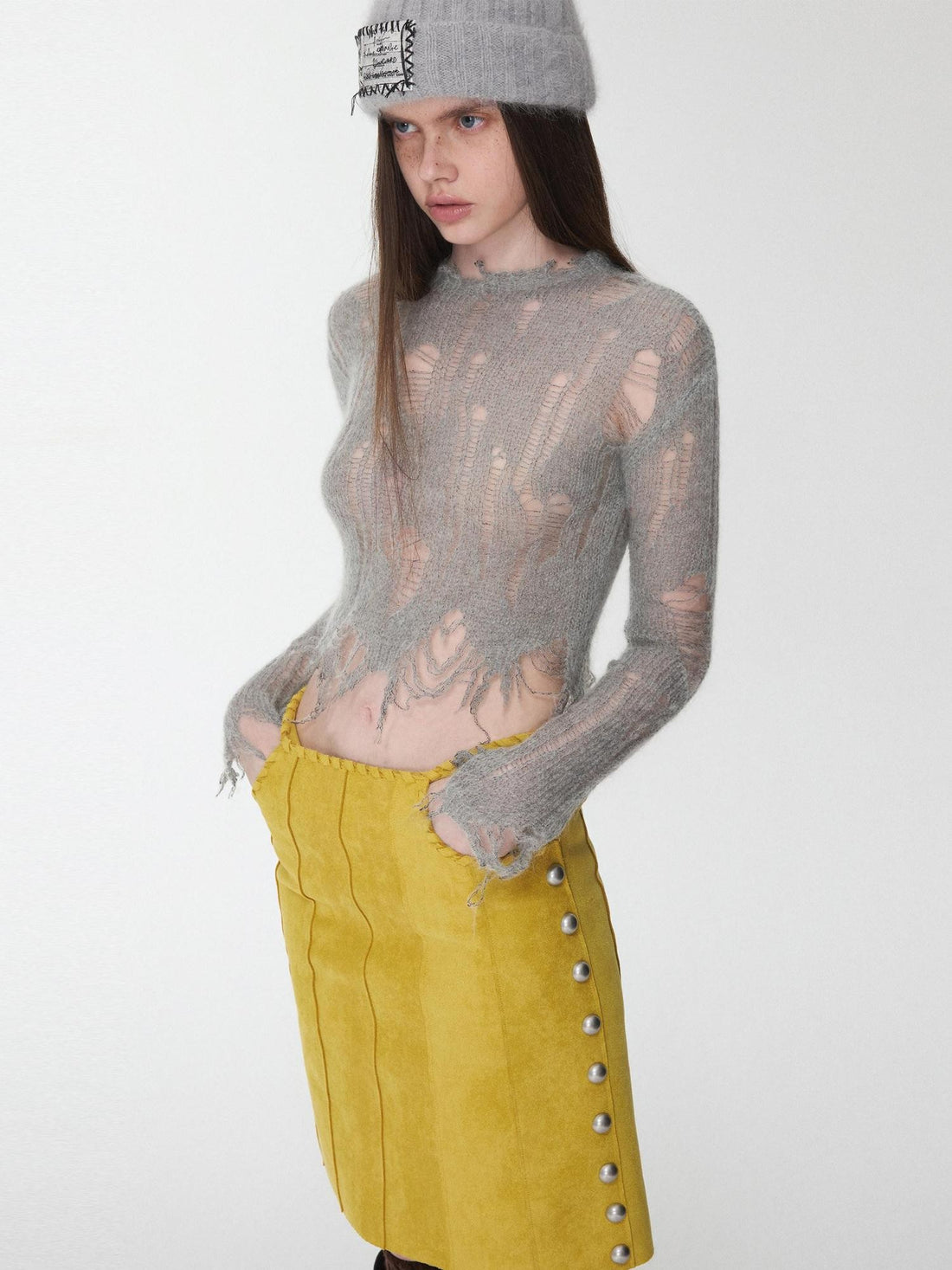 1JINN STUDIO Polka Dot Openwork Distressed Slim Short Women&