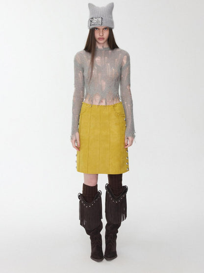 1JINN STUDIO Polka Dot Openwork Distressed Slim Short Women&