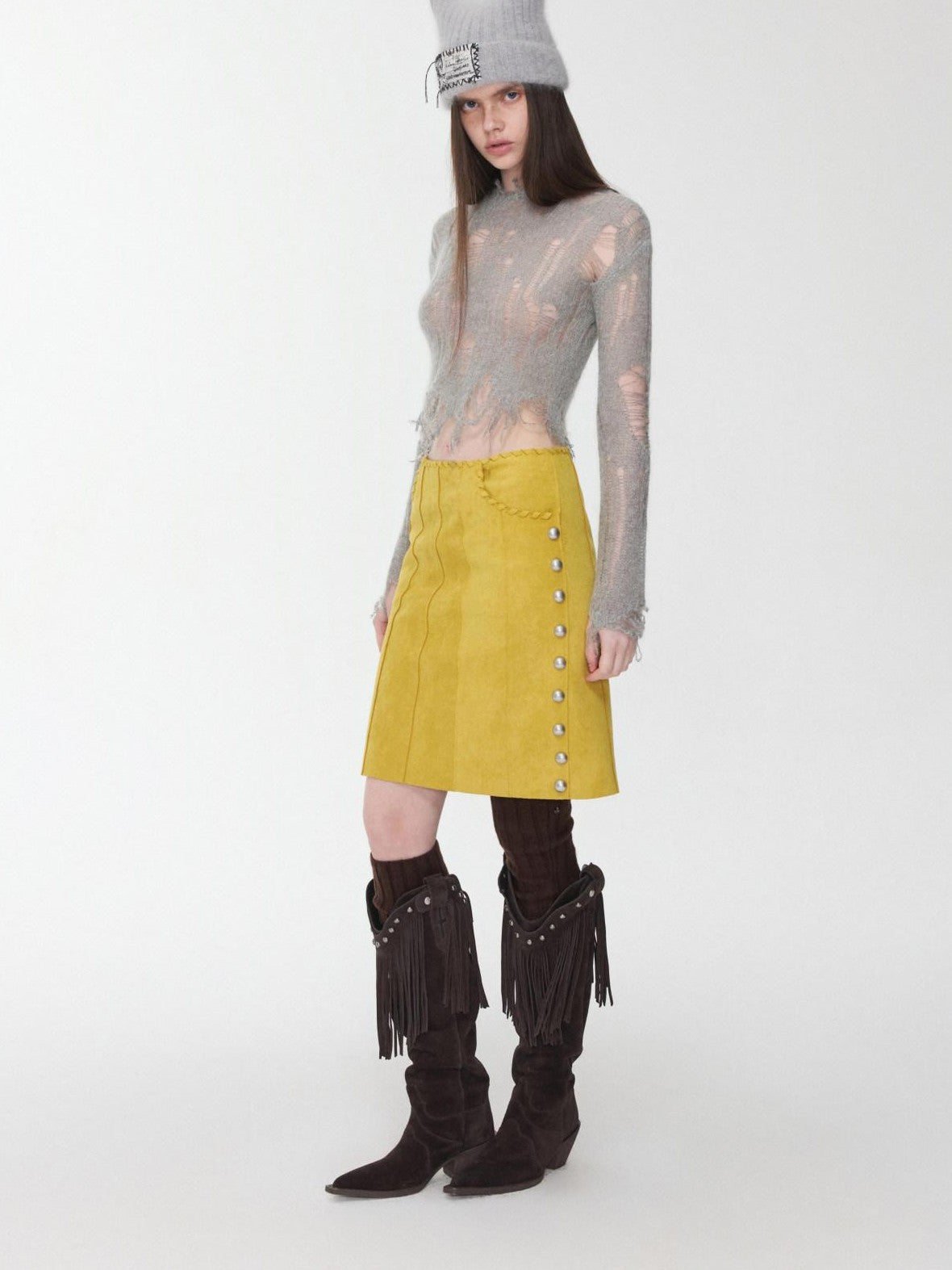 1JINN STUDIO Polka Dot Openwork Distressed Slim Short Women&