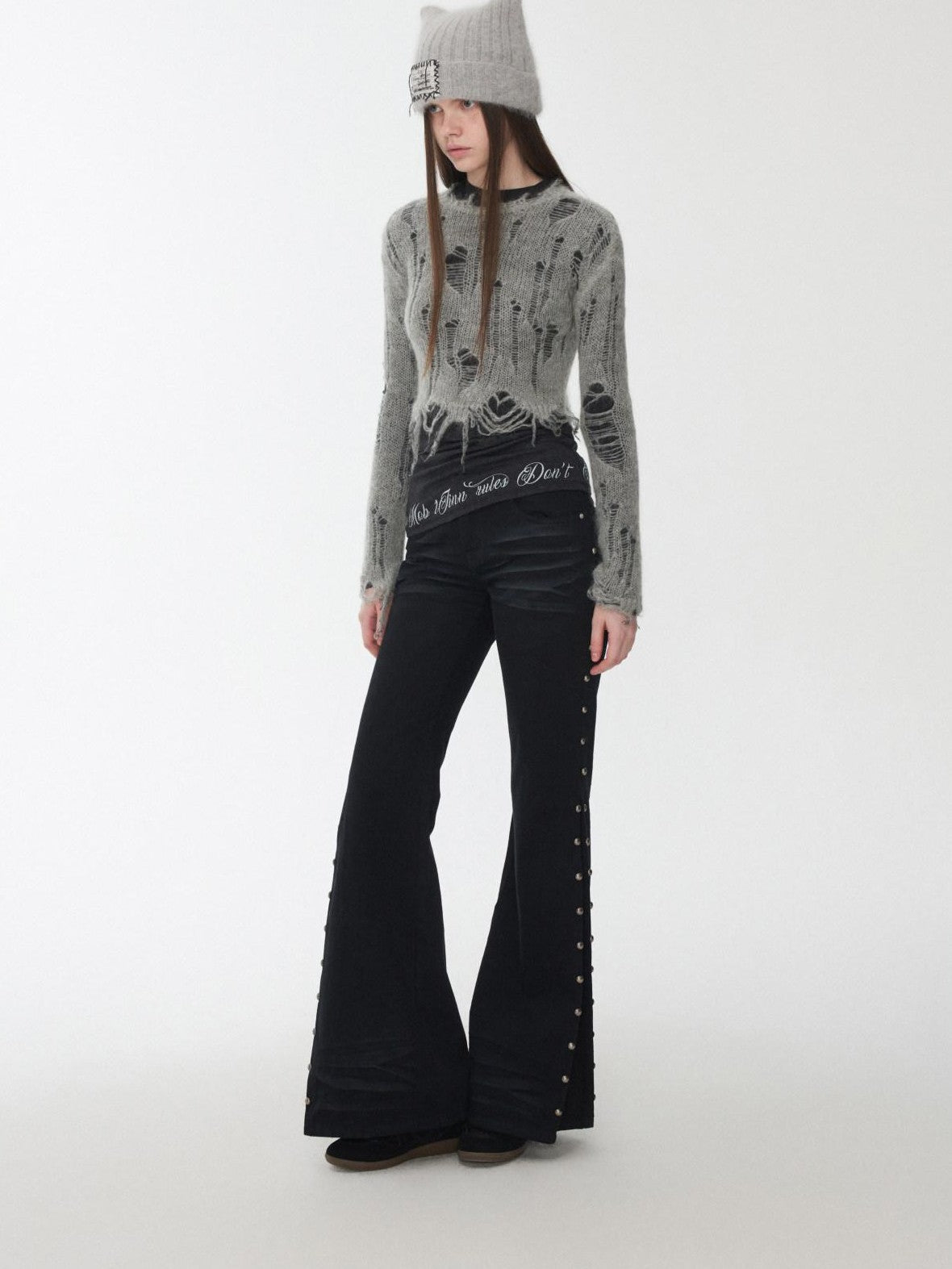 1JINN STUDIO Polka Dot Openwork Distressed Slim Short Women&