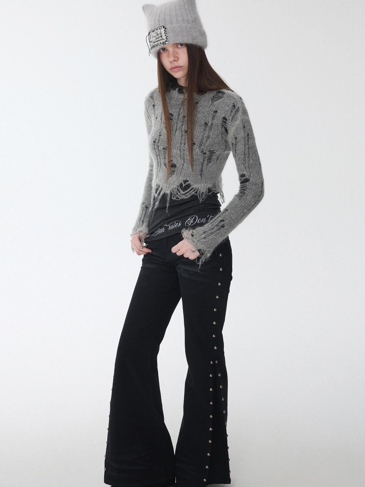 1JINN STUDIO Polka Dot Openwork Distressed Slim Short Women&