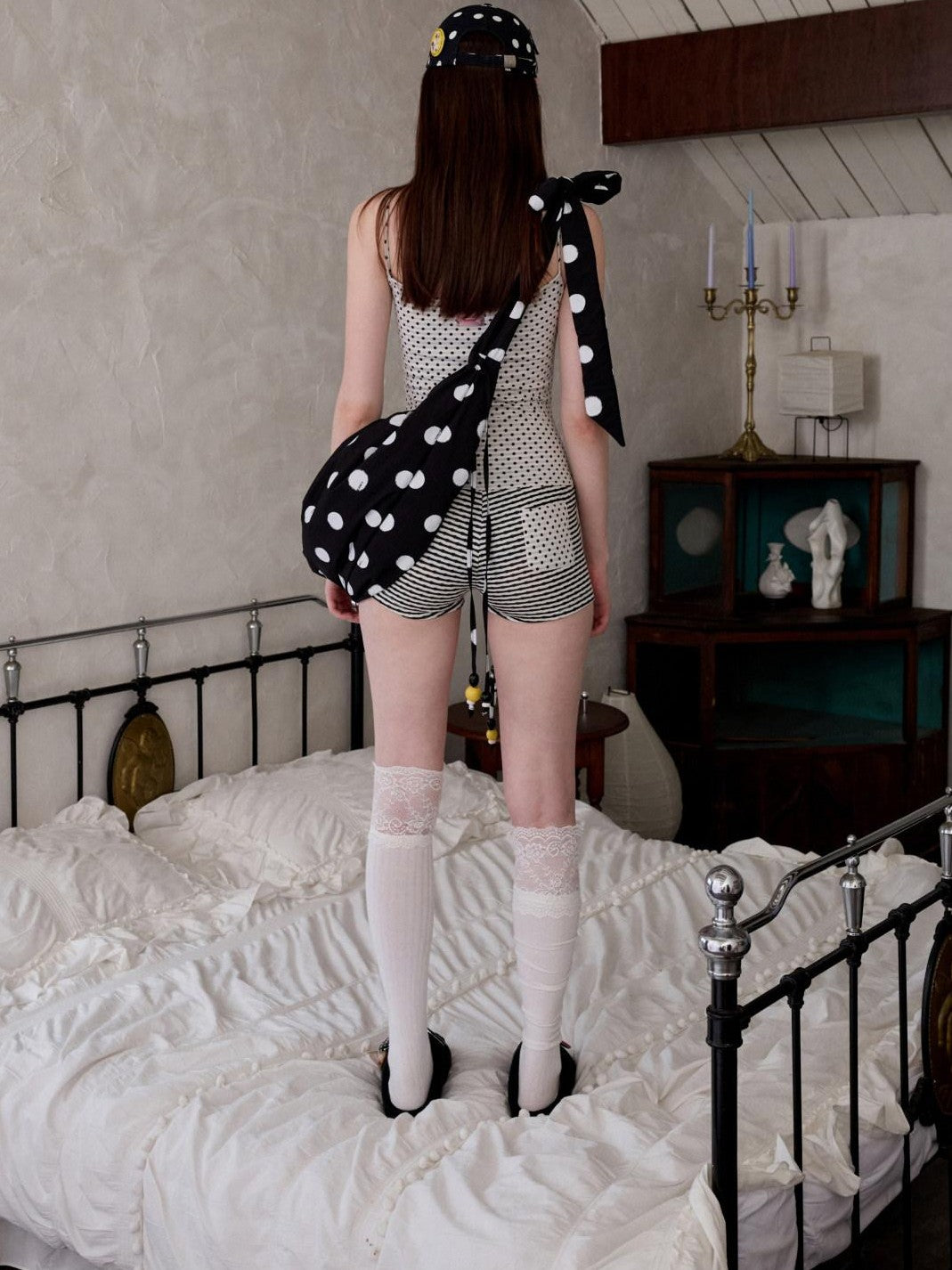 1JINN STUDIO Polka Dot Pleated Drawstring Beaded Dumpling Women&