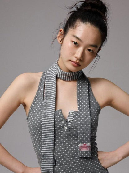 1JINN STUDIO Polka Dot Striped Backless Henley Women&