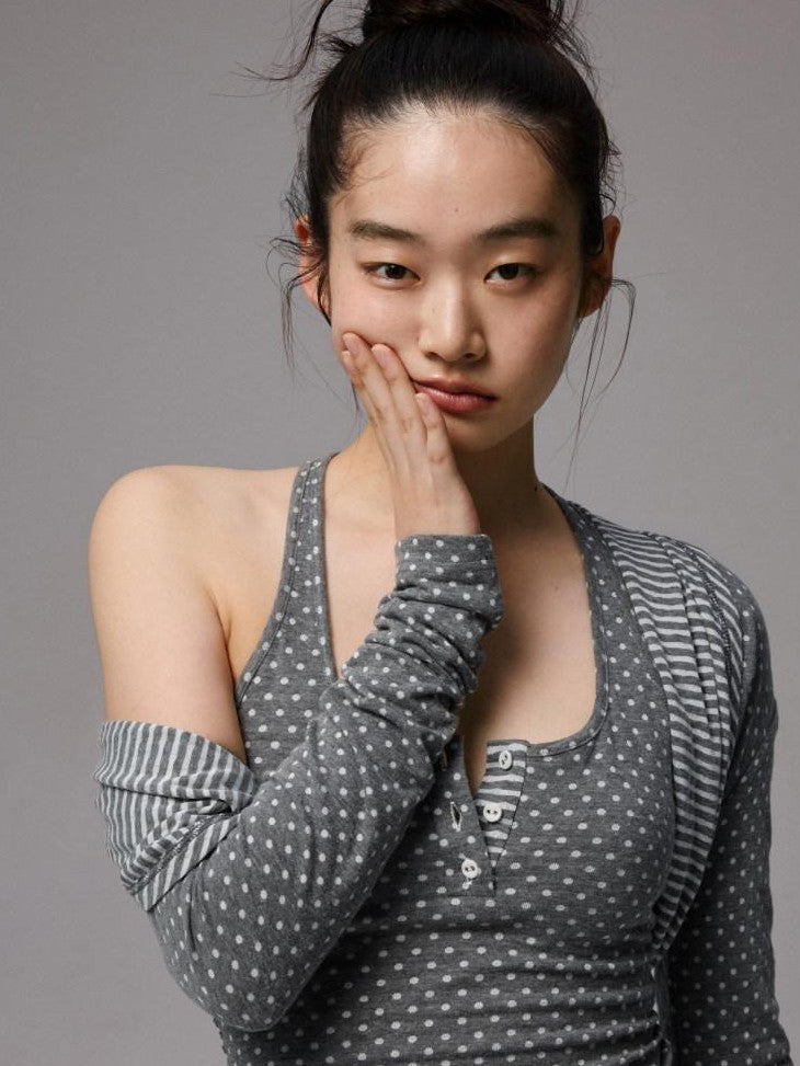 1JINN STUDIO Polka Dot Striped Backless Henley Women&