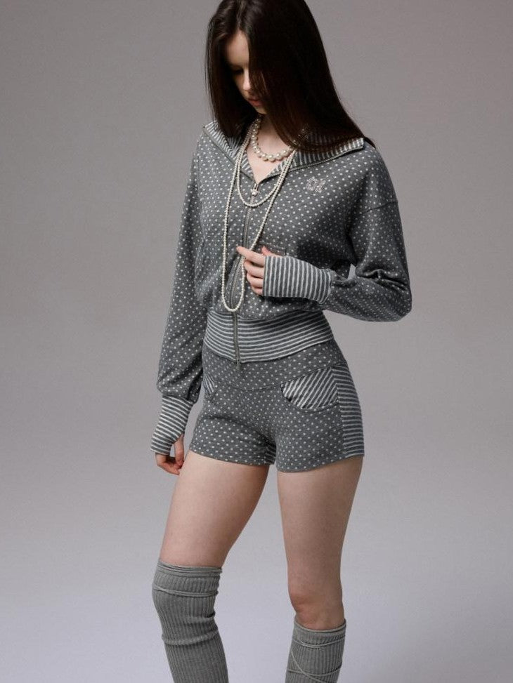 1JINN STUDIO Polka Dot Striped Reversible Spaghetti Jumpsuit Short Cover Women&