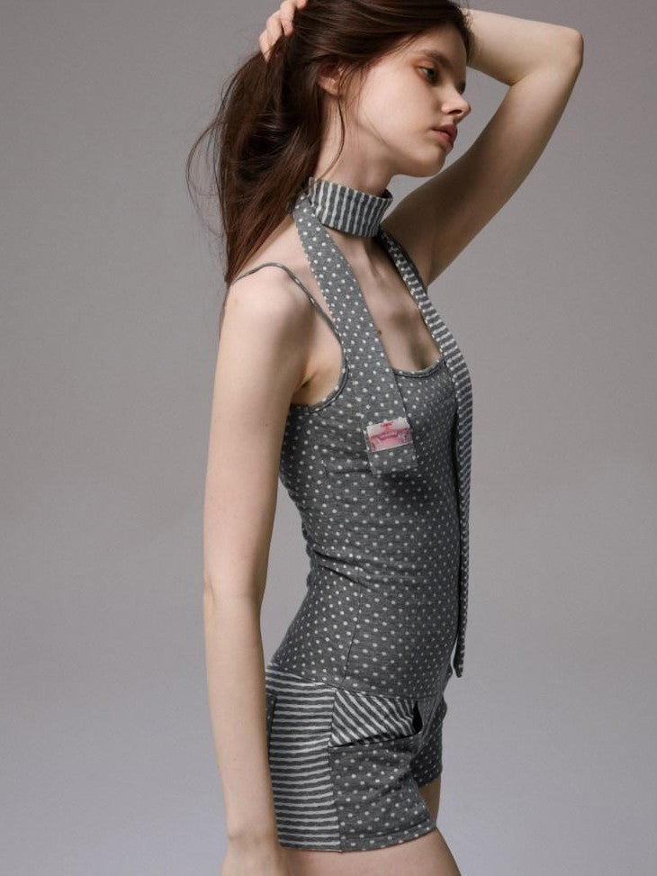 1JINN STUDIO Polka Dot Striped Reversible Spaghetti Jumpsuit Short Cover Women&